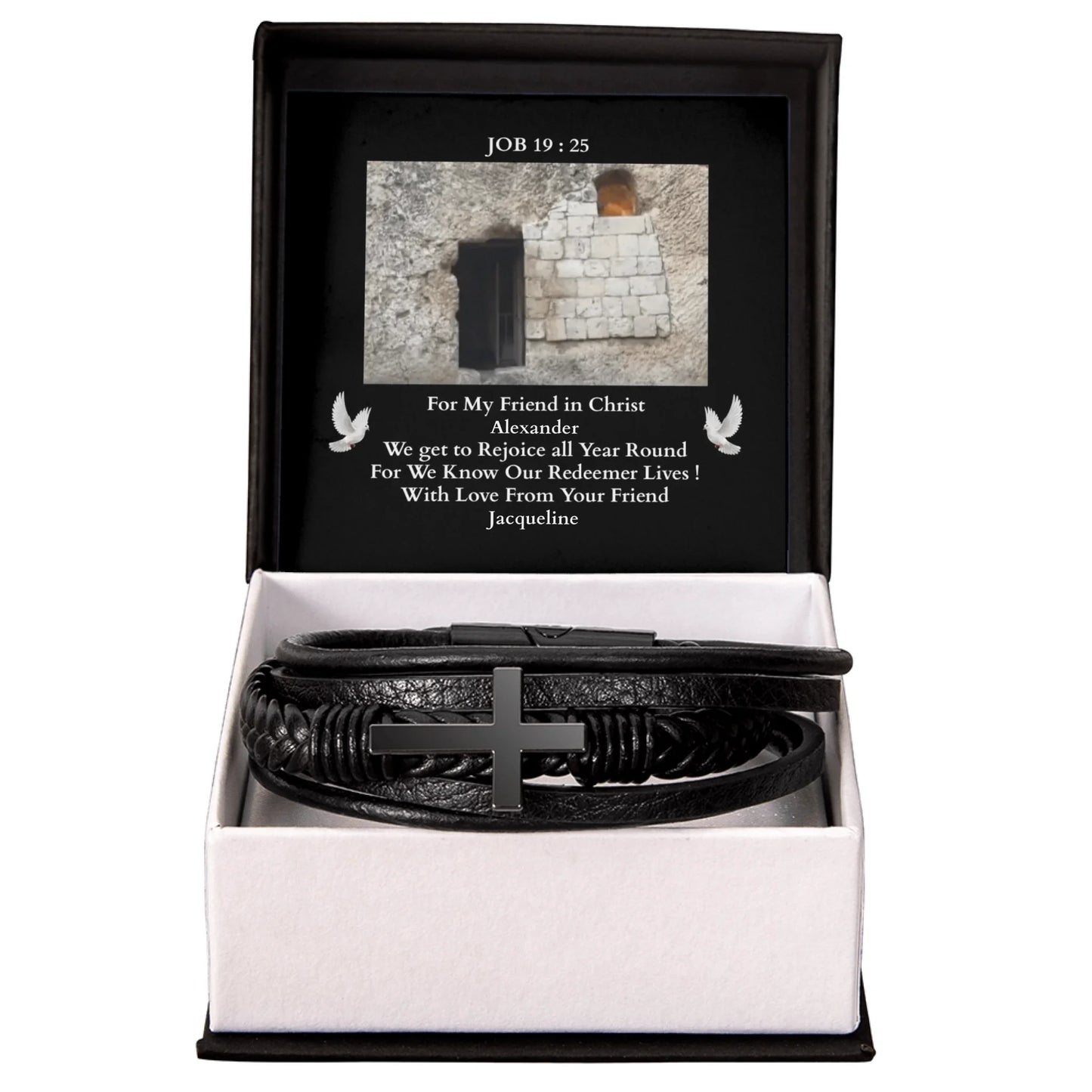 ShineOn-Fulfillment-Jewelry-Mens-leather--Bracelet-in-Two-Tone-Gift-Box-Mens-Cross-bracelet-Easter-Gift-for-Church friend-from-Female-Friend.