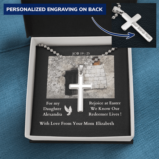polished-stainless-steel-christian-cross-with- military-style-ball-chain-necklace-in-standard-jewelry-gift-box with-arrow-pointing-to-rear-of-cross-to-indicate-it-can-be-engraved-with-message