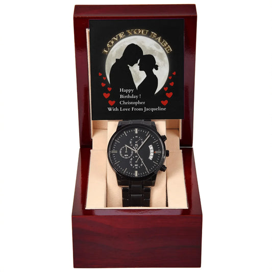 ShineOn Customizer Men's Black Chronograph Watch Birthday Gift for Boyfriend/Lover/Husband / Default / Mahogany Style Luxury Box Men's Black Chronograph Watch Birthday Gift for Boyfriend/Lover/Husband