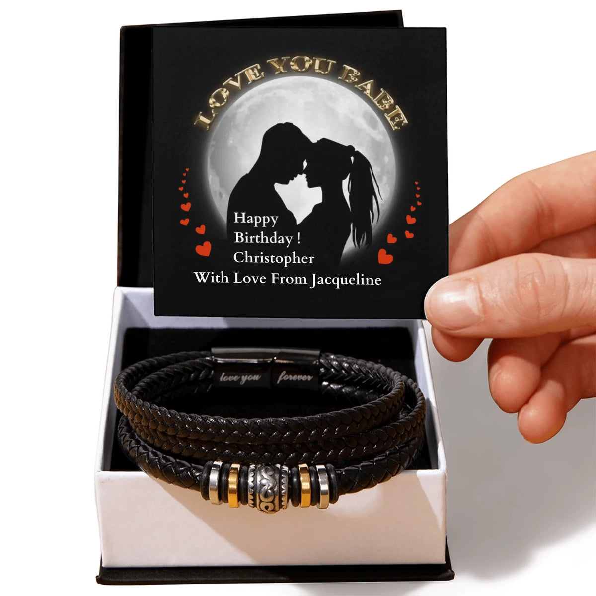 Black leather bracelet with charms in a box with a personalized card