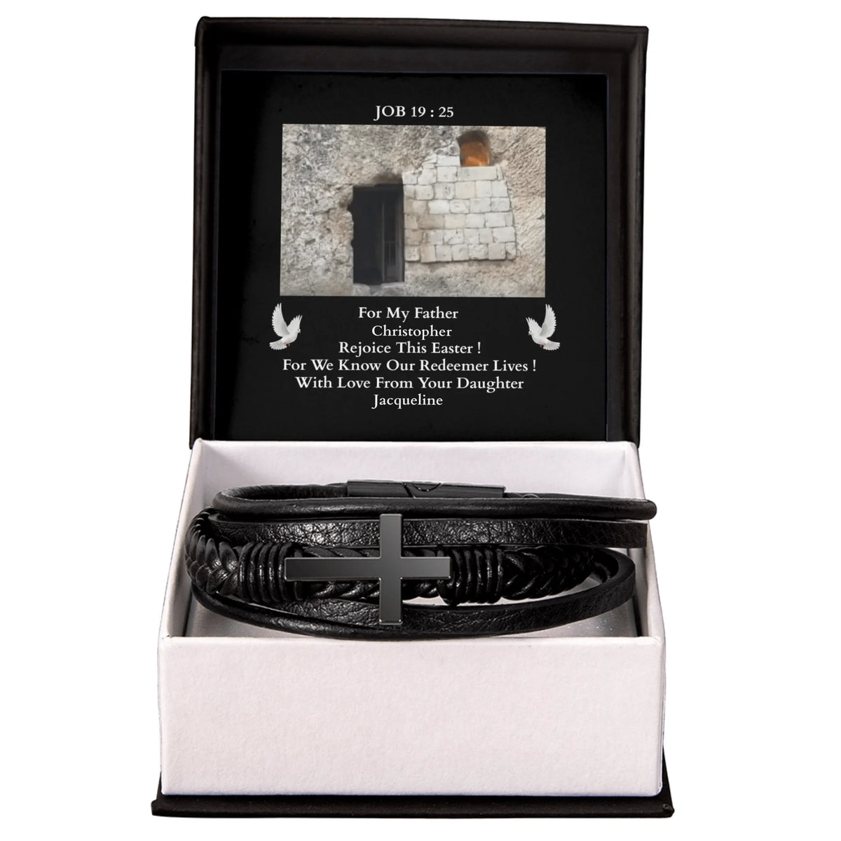 Black bracelet in a gift box with a personalized message on a white background