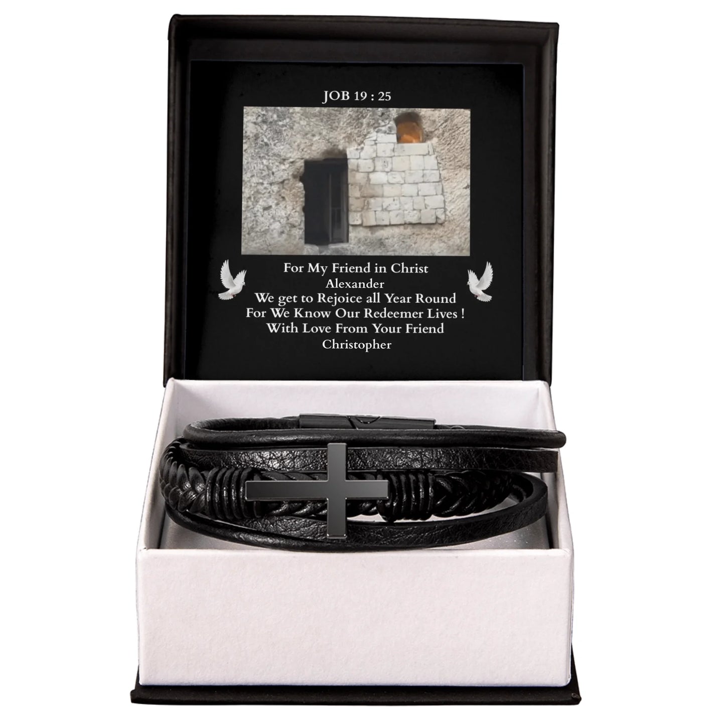 ShineOn-Fulfillment-Jewelry-Mens-leather--Bracelet-in-Two-Tone-Gift-Box-Mens-Cross-bracelet-Easter-Gift-for-Church friend-from-Friend.

