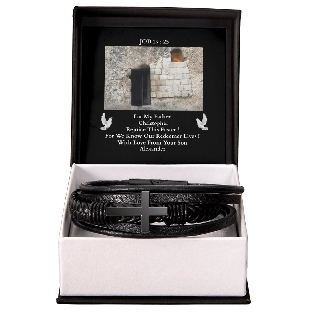 Black bracelet in a gift box with a personalized message on a white background