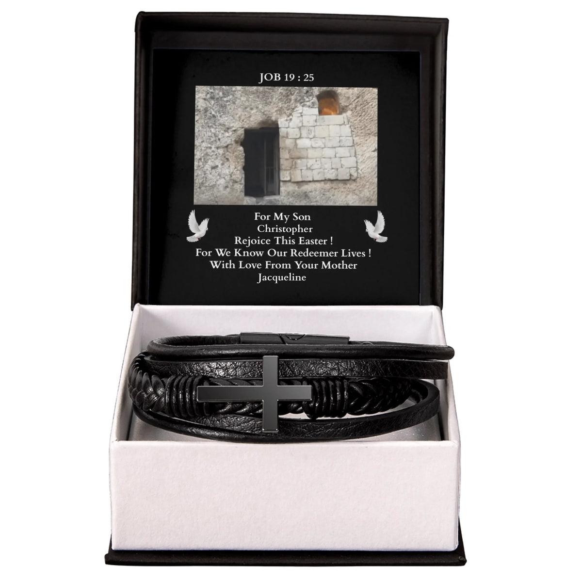 Black bracelet in a gift box with a personalized message on a white background