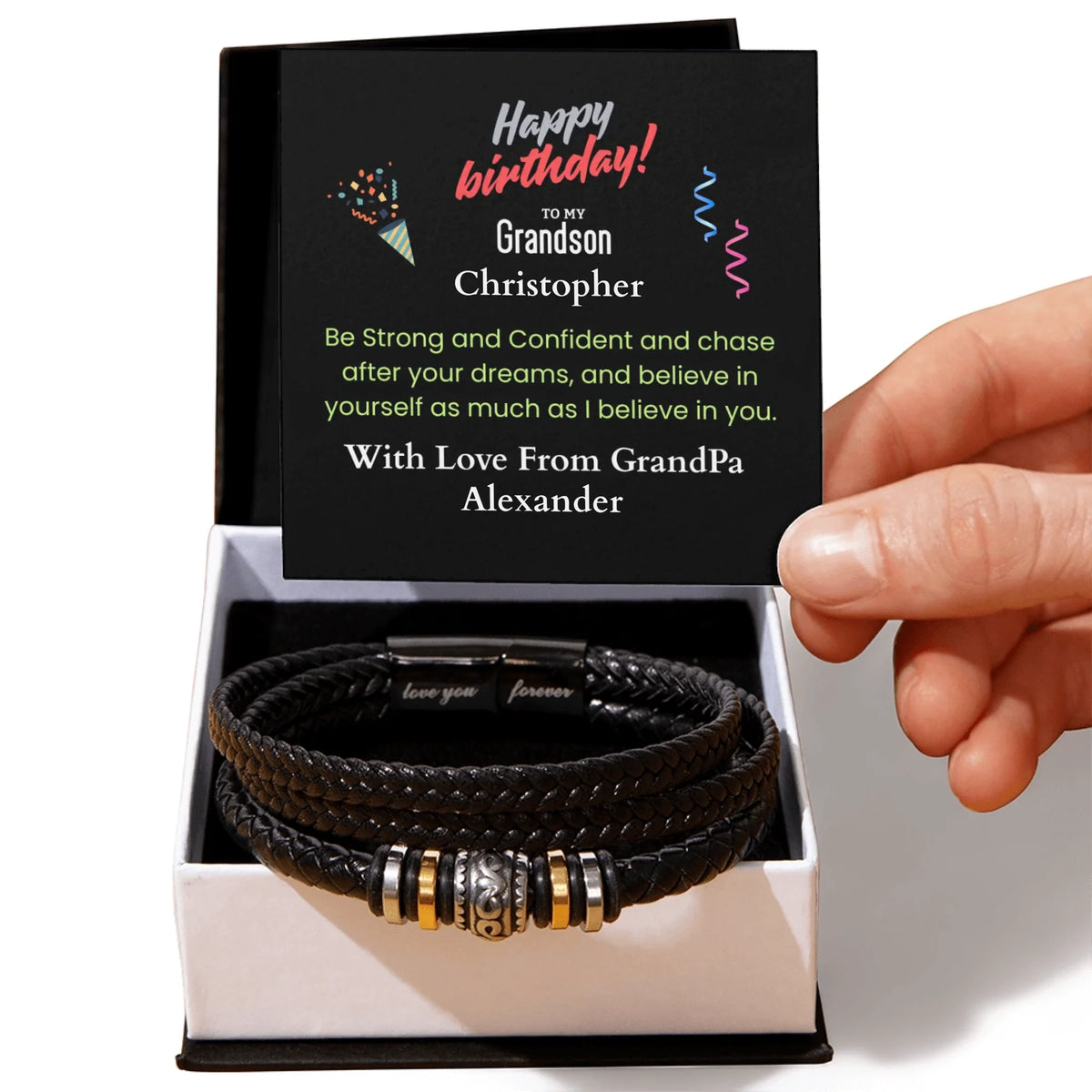 Black leather bracelet with message card for dad in a box