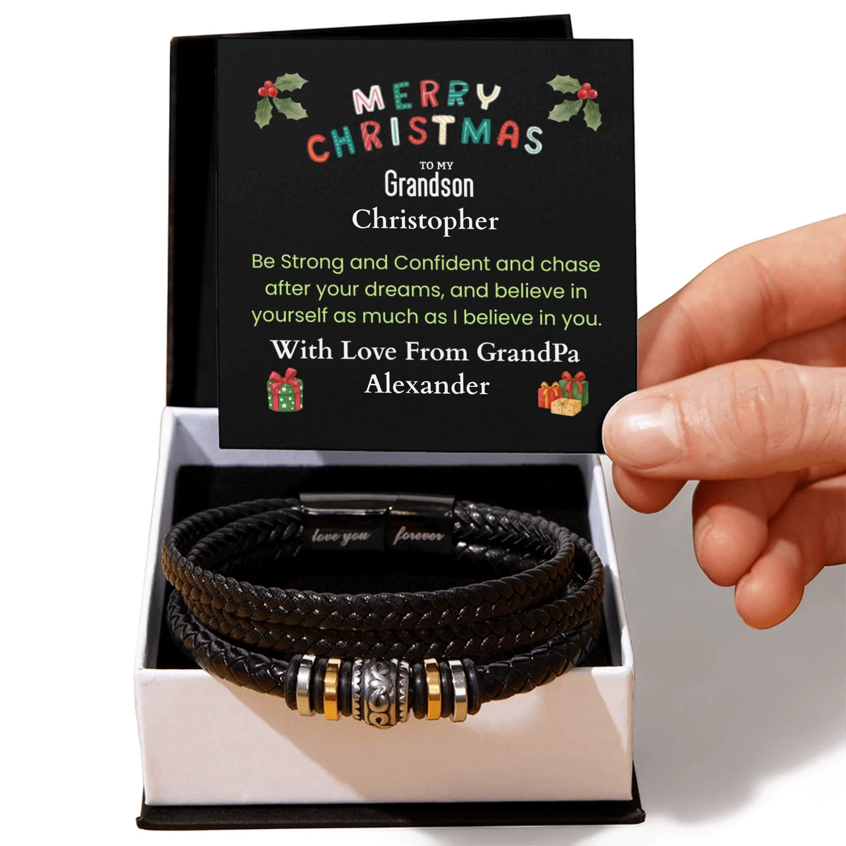 Black leather bracelet with gold and silver accents in a box with a card reading 'To My KING'.