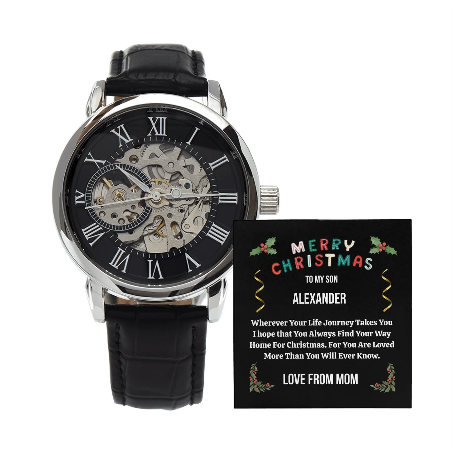 ShineOn-Fulfillment-Jewelry-Openwork-Watch-Christmas-Gift-for-Son-from-Mom-with-Gift-Box-Card-displayed-on-white-background.
