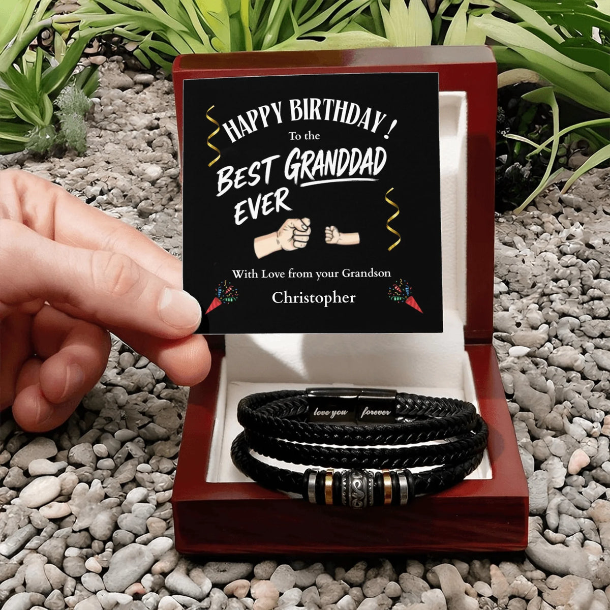 Personalized birthday gift for a granddad with leather bracelets in a wooden box.