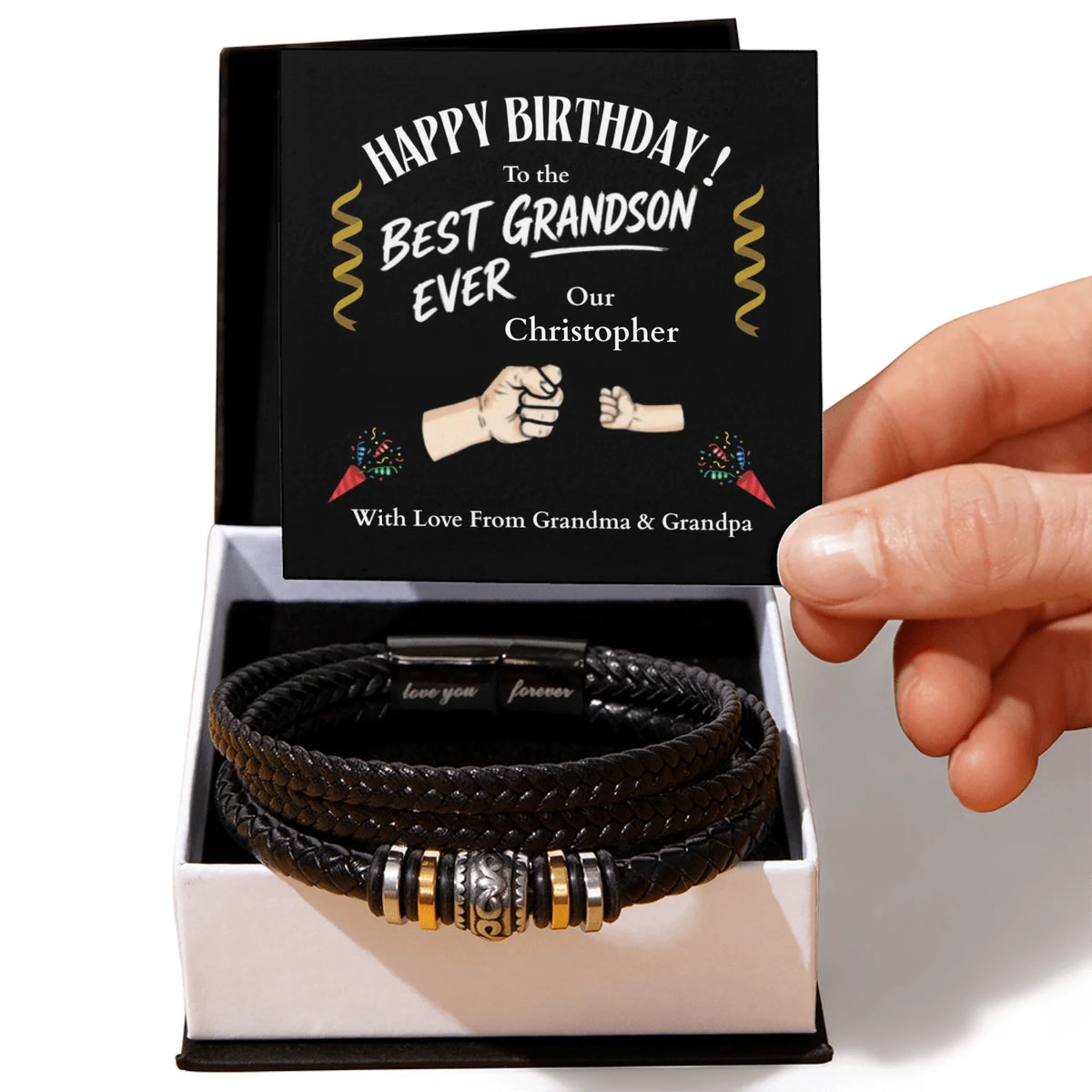 Black leather bracelet in a box with a personalized birthday card for a grandson.