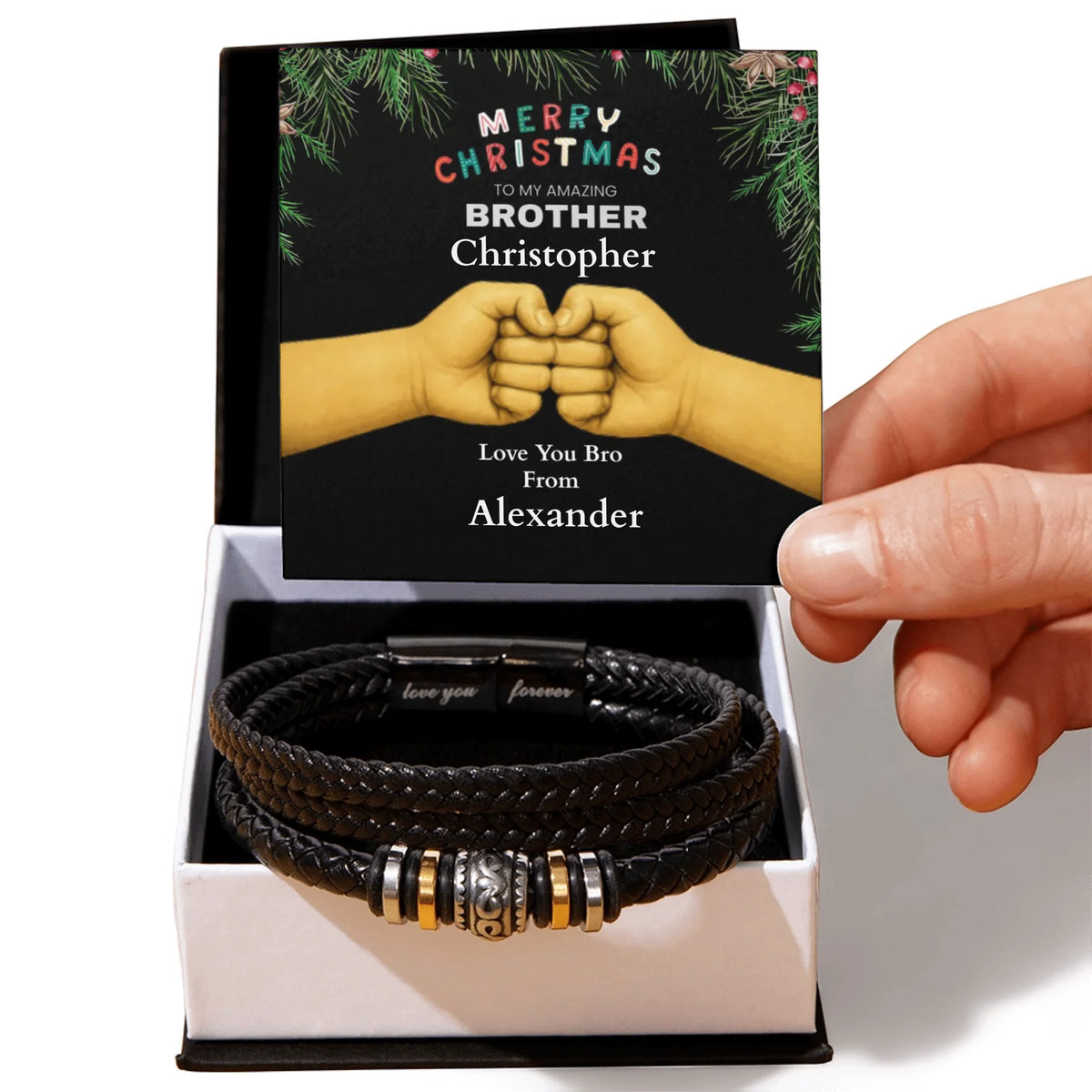 Mens leater bracelet birthday gift for Brother in two tone gift box
