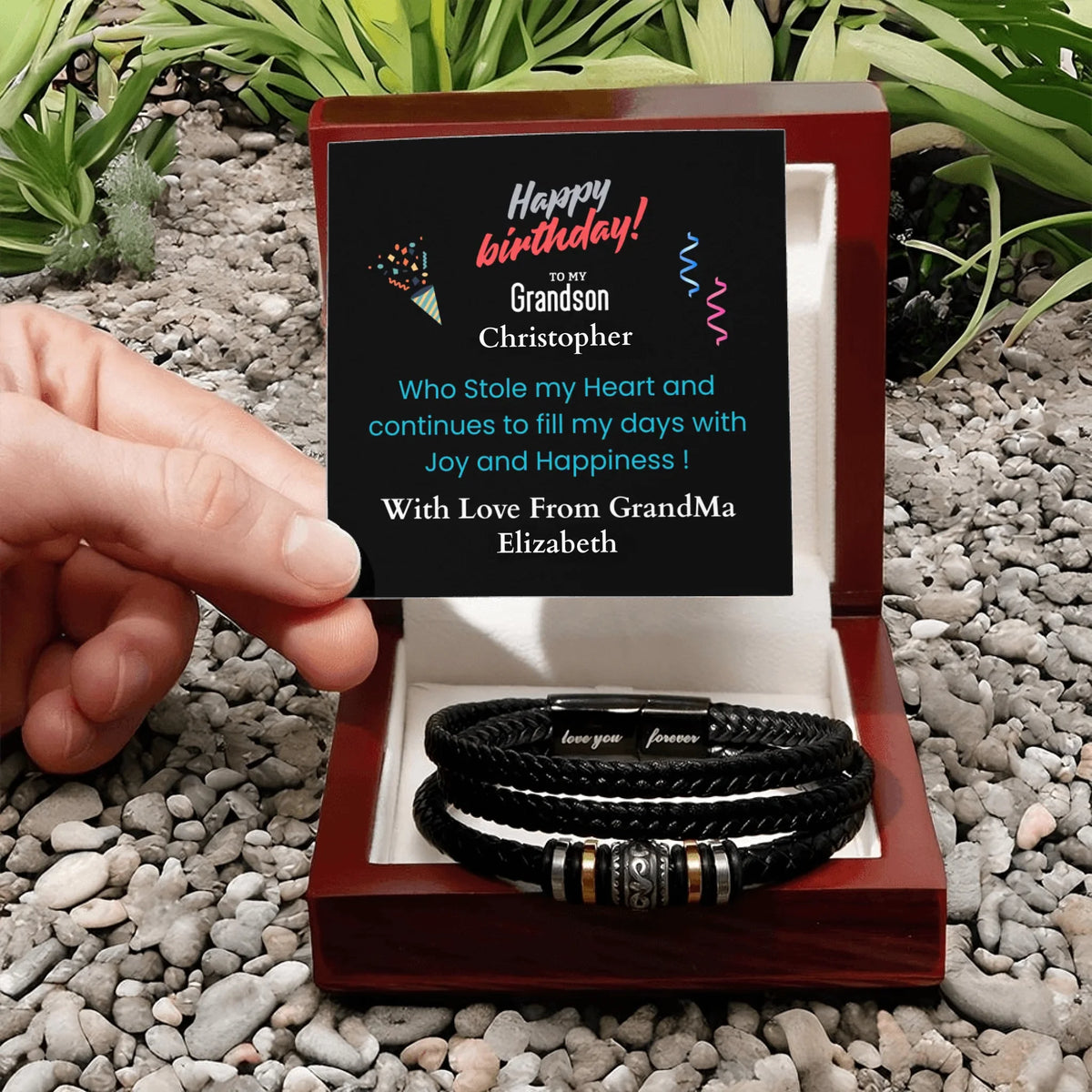 Personalized bracelet set in a wooden box with a birthday message for a grandson.