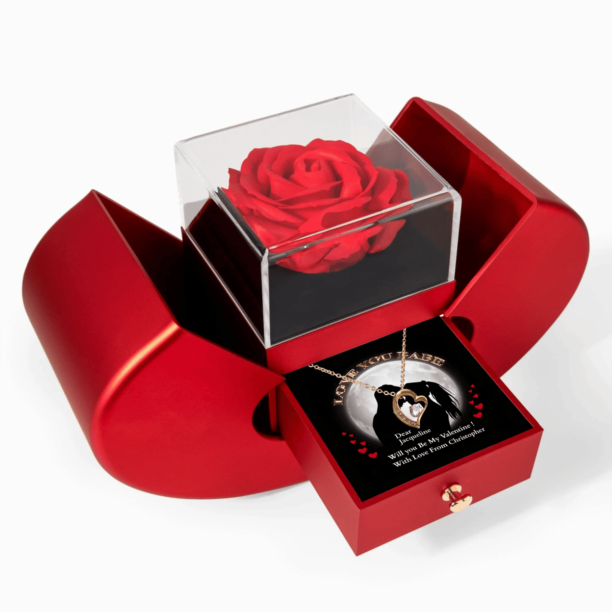 Forever Love Necklace in Yellow Gold with Red Heart Rose Box
