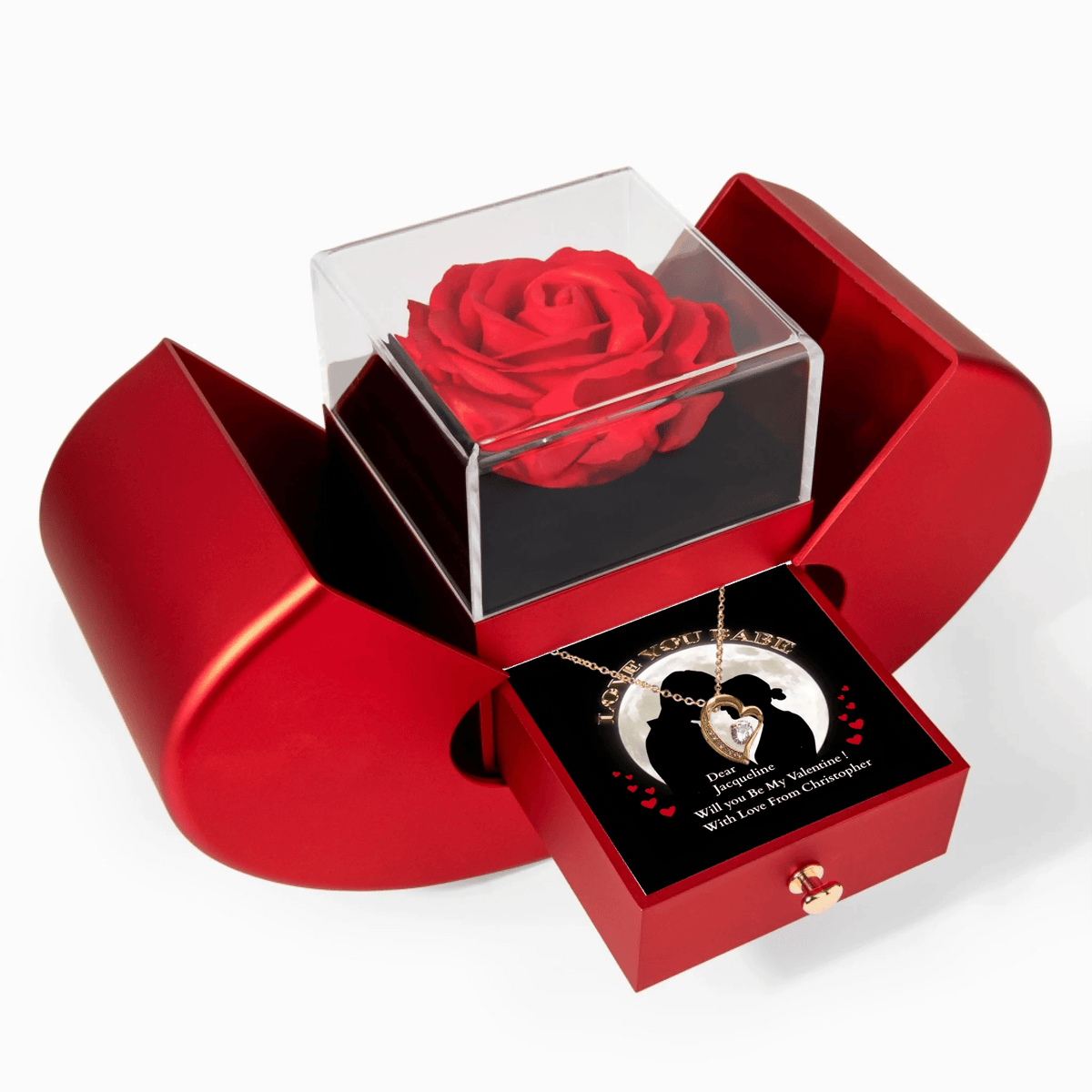Forever Love Necklace in Yellow Gold with Red Heart Rose Box