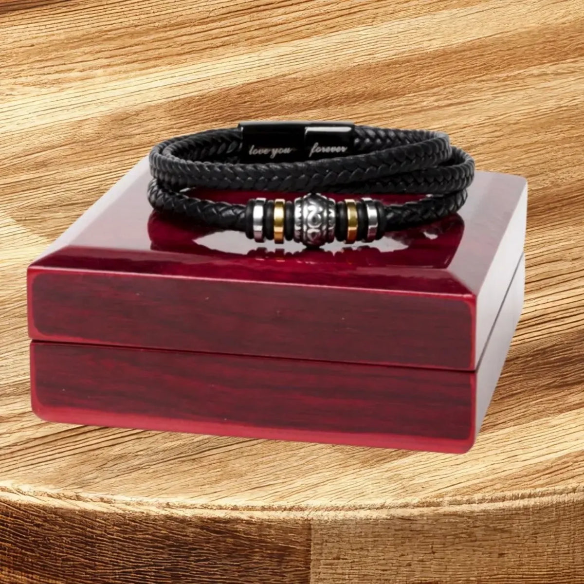 ShineOn-Fulfillment-Jewelry-Mens-bracelet-Christmas-gift-for-Son-from-Dad- displayed -on -top- of- a- glossy- dark- Luxury -mahogany- wood- gift -box- over -a wood-grain- surface.