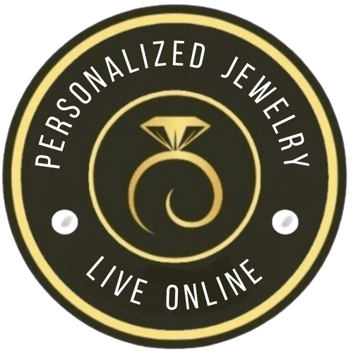 Logo for personalized jewelry with a ring icon and text 'Personalized Jewelry Live Online' on a black background.