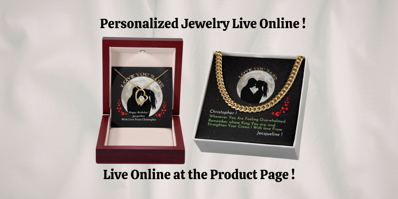 Personalized jewelry set with engraved message in packaging on a light gray background