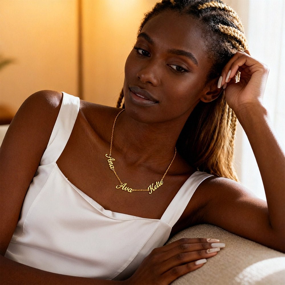 Woman-wearing-18K-Yellow-Gold-3-name-necklace.