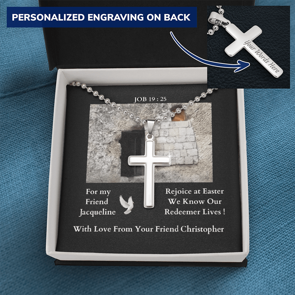 polished-stainless-steel-christian-cross-with- military-style-ball-chain-necklace-in-standard-jewelry-gift-box with-arrow-pointing-to-rear-of-cross-to-indicate-it-can-be-engraved-with-message