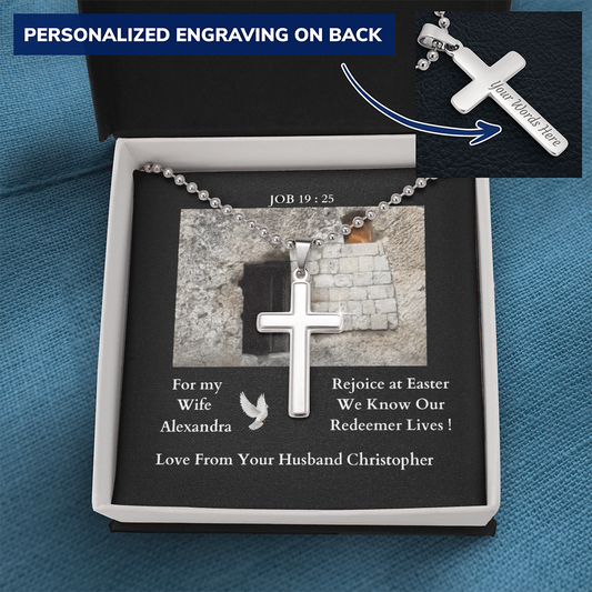 polished-stainless-steel-christian-cross-with- military-style-ball-chain-necklace-in-standard-jewelry-gift-box-with-arrow-pointing-to-how-the-cross-can-be-engraved-on-its-back

