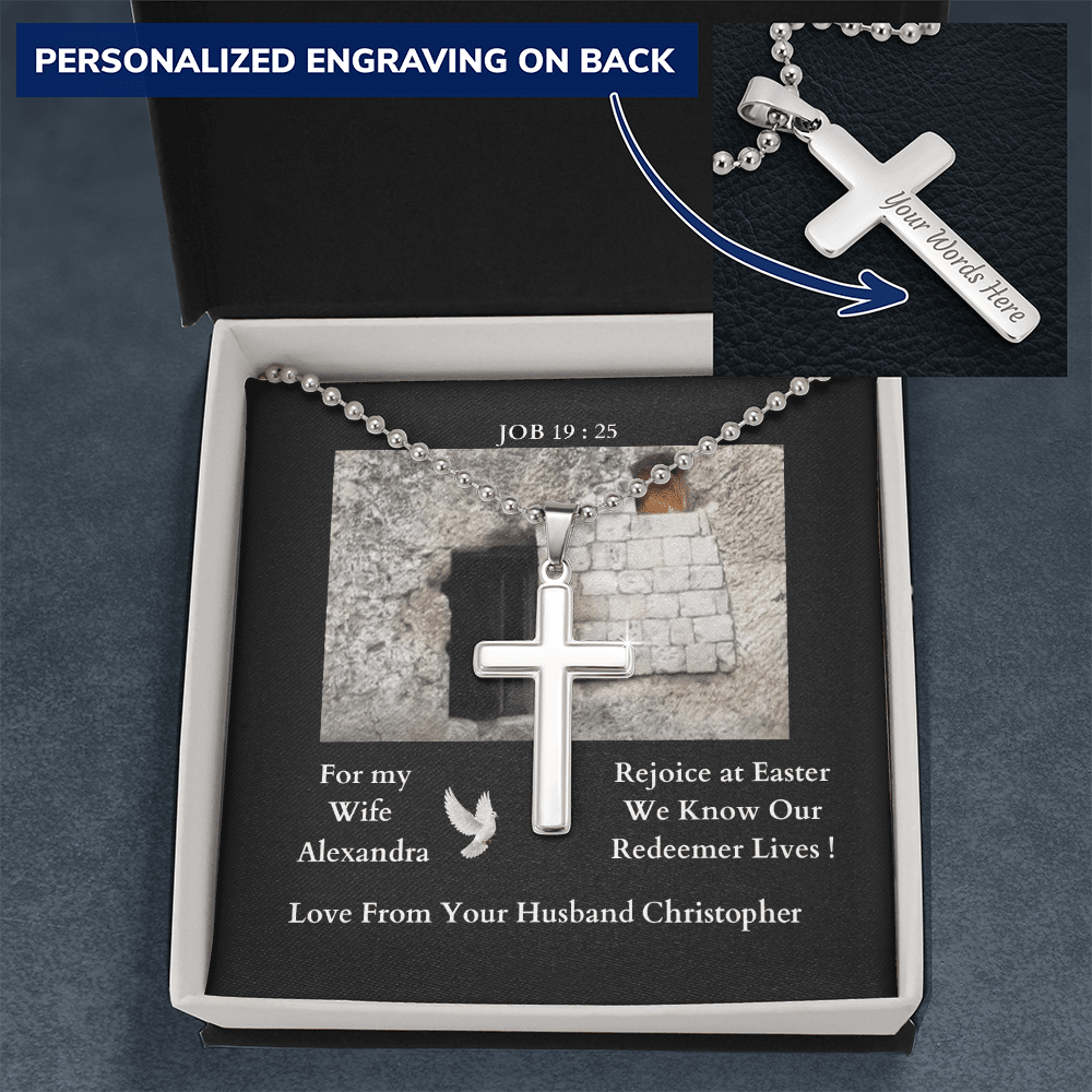 polished-stainless-steel-christian-cross-with- military-style-ball-chain-necklace-in-standard-jewelry-gift-box-with-arrow-pointing-to-how-the-cross-can-be-engaved-on-its-back

