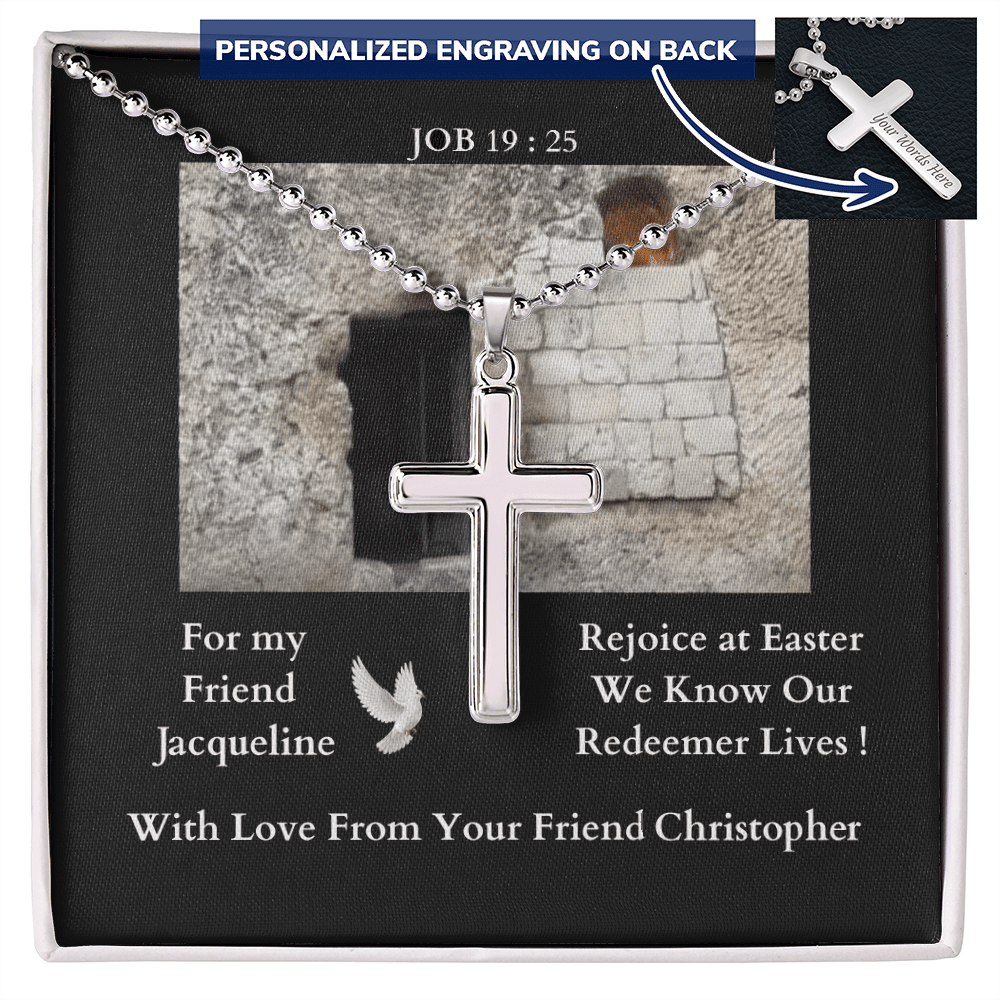 polished-stainless-steel-christian-cross-with- military-style-ball-chain-necklace-in-standard-jewelry-gift-box with-arrow-pointing-to-rear-of-cross-to-indicate-it-can-be-engraved-with-message