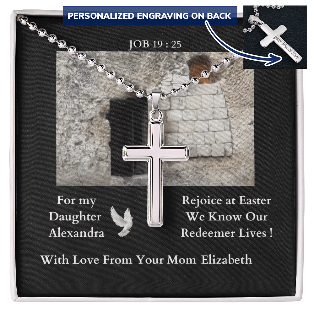 polished-stainless-steel-christian-cross-with- military-style-ball-chain-necklace-in-standard-jewelry-gift-box with-arrow-pointing-to-rear-of-cross-to-indicate-it-can-be-engraved-with-message

