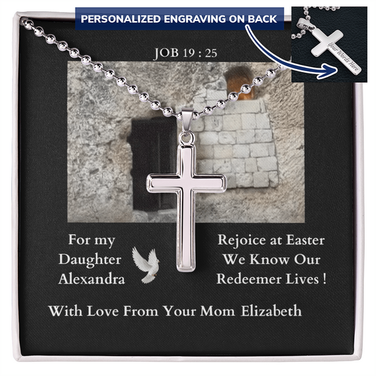 polished-stainless-steel-christian-cross-with- military-style-ball-chain-necklace-in-standard-jewelry-gift-box with-arrow-pointing-to-rear-of-cross-to-indicate-it-can-be-engraved-with-message

