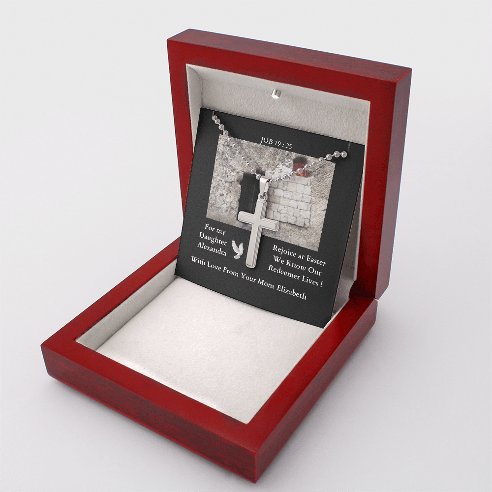 polished-stainless-steel-christian-cross-with- military-style-ball-chain-necklace-in-led-lit-mahogany-jewelry-gift-box