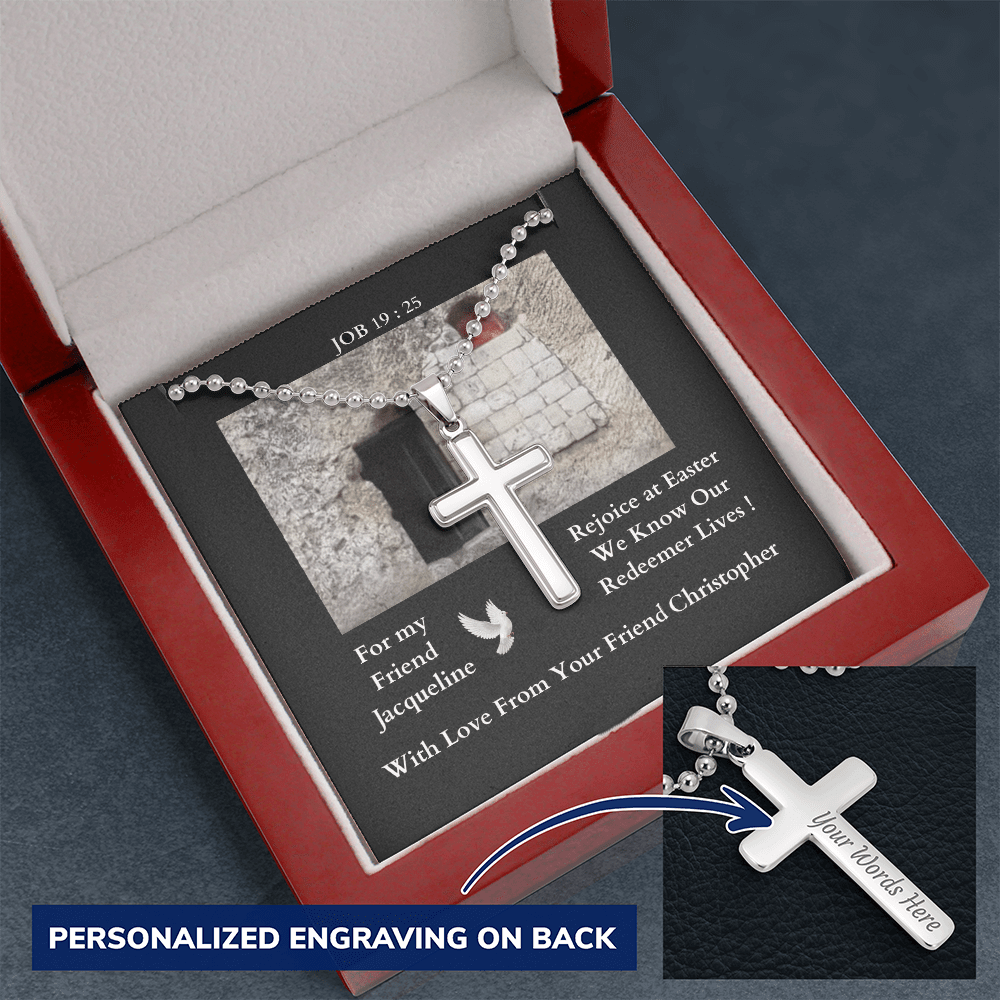 polished-stainless-steel-christian-cross-with- military-style-ball-chain-necklace-in-led-lit-mahogany-jewelry-gift-box-with-arrow-pointing-to-how-the-cross-can-be-engaved-with-message-on-its-back.

