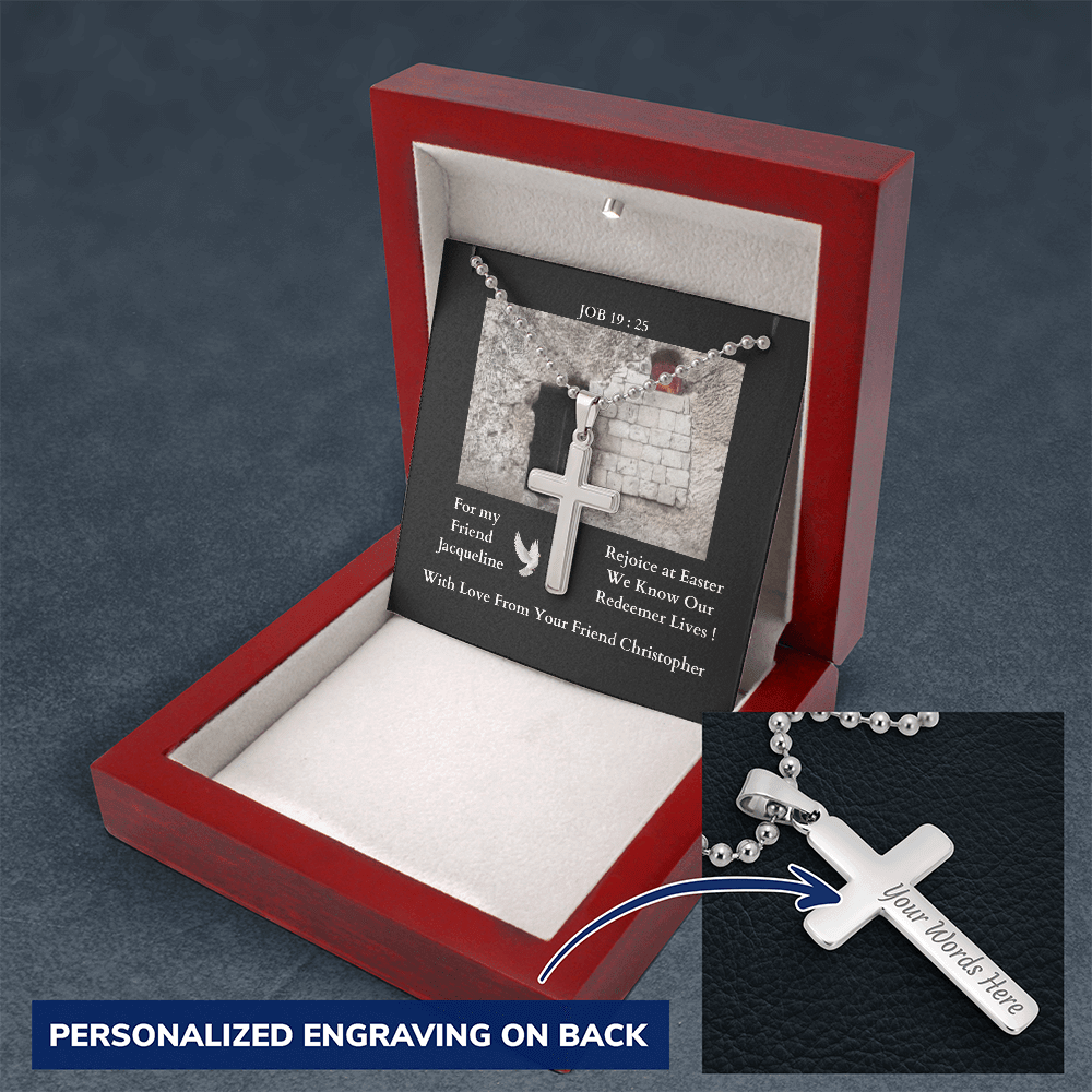 polished-stainless-steel-christian-cross-with- military-style-ball-chain-necklace-in-led-lit-mahogany-jewelry-gift-box-with-arrow-pointing-to-how-the-cross-can-be-engaved-with-message-on-its-back.
