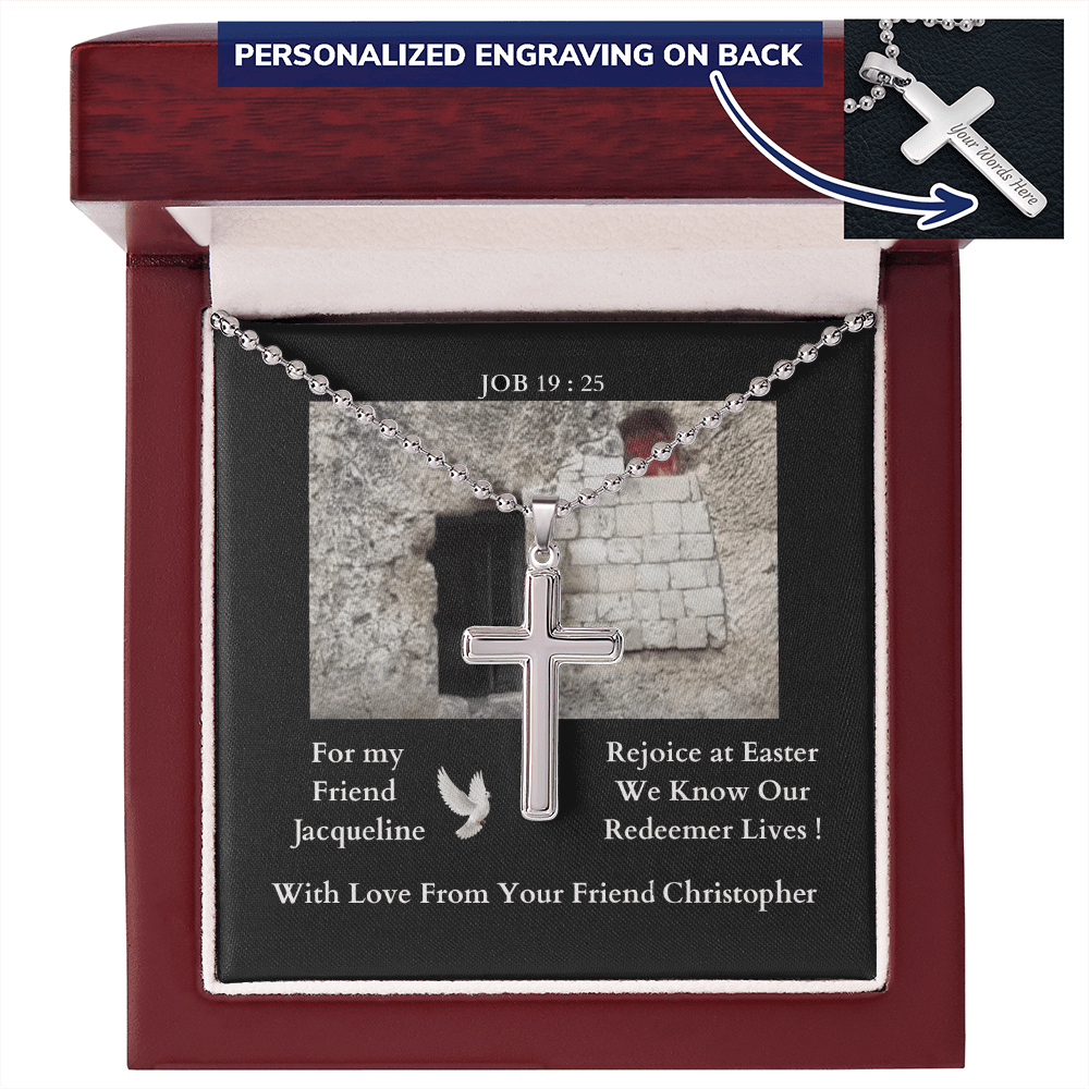polished-stainless-steel-christian-cross-with- military-style-ball-chain-necklace-in-led-lit-mahogany-jewelry-gift-box-with-arrow-pointing-to-how-the-cross-can-be-engaved-with-message-on-its-back.
