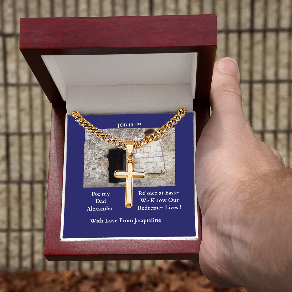 18K-gold-christian-cross-with-cuban-link-18K-Gold-chain-necklace-in -Led- lit-mahogany-wood- jewelry-gift-box held-in-human-hand

