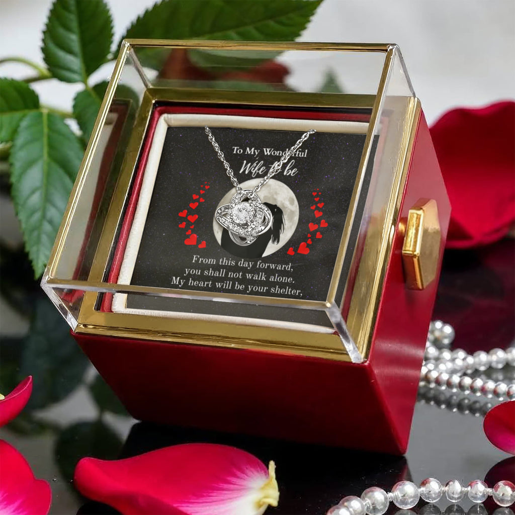 Shine On fulfillment-14K-white-gold-Love-Knot-pendant-necklace-in-Rotating-Rose-Gift-Box-Wedding-Gift-for-Bride-from-Groom.
