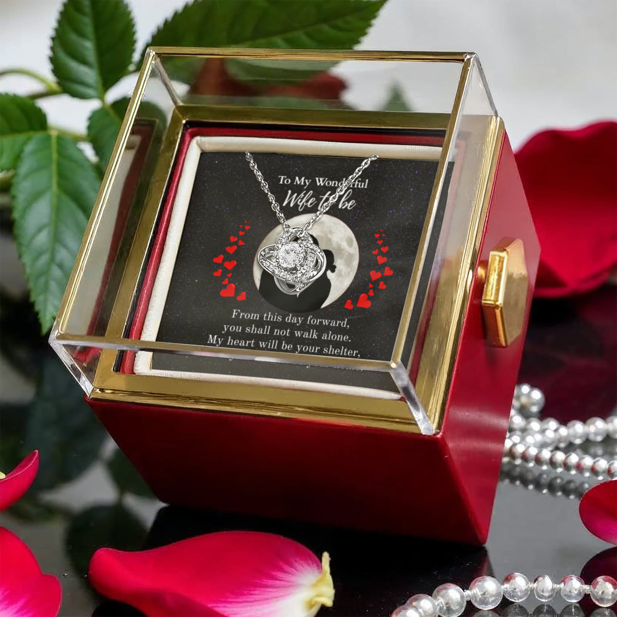 Shine On fulfillment-14K-white-gold-Love-Knot-pendant-necklace-in-Rotating-Rose-Gift-Box-Wedding-Gift-for-Bride-from-Groom.

