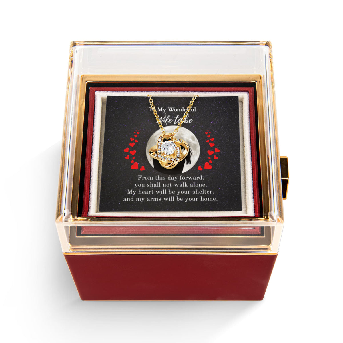 Shine On fulfillment-18K-Yellow-gold-Love-Knot-pendant-necklace-in-Rotating-Rose-Gift-Box-Wedding-Gift-for-Bride-from-Groom.
