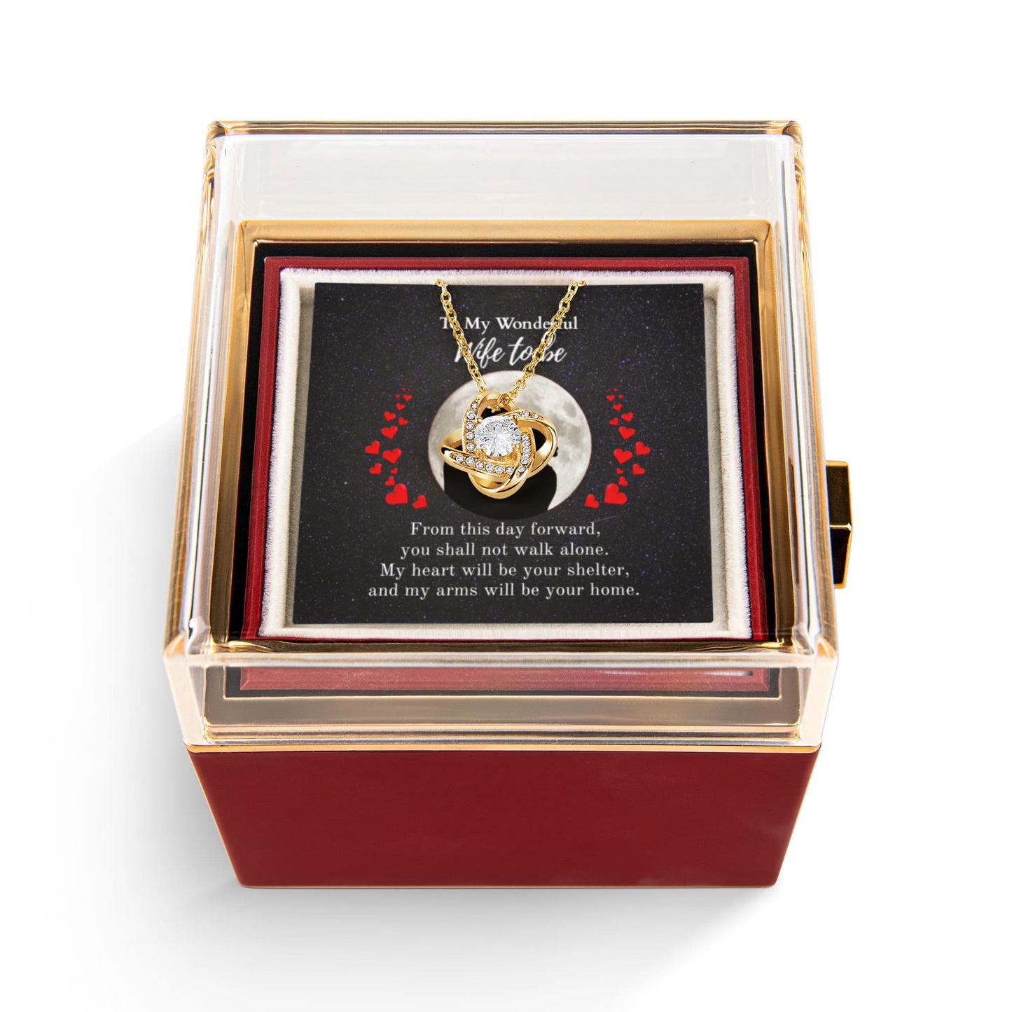 Shine On fulfillment-18K-Yellow-gold-Love-Knot-pendant-necklace-in-Rotating-Rose-Gift-Box-Wedding-Gift-for-Bride-from-Groom.

