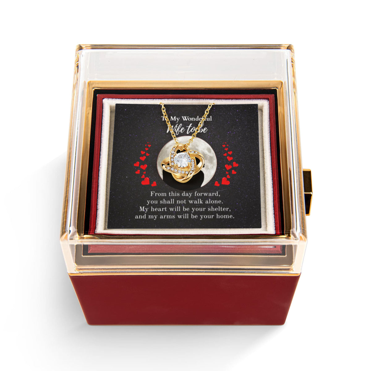 Shine On fulfillment-18K-Yellow-gold-Love-Knot-pendant-necklace-in-Rotating-Rose-Gift-Box-Wedding-Gift-for-Bride-from-Groom.

