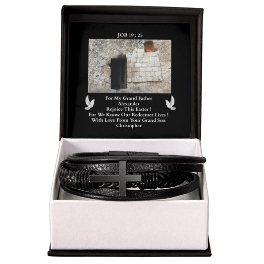 ShineOn Customizer Easter Cross Men's Leather Bracelet gift for Grand Father From Grand Son. / Default / Standard Box Easter Bracelet gift for GrandPa