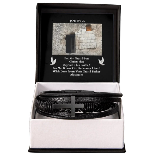 ShineOn Customizer Easter Cross Men's Leather Bracelet gift for Grand Son From Grand Father. / Default / Standard Box Easter Bracelet, Gift for Grand Son