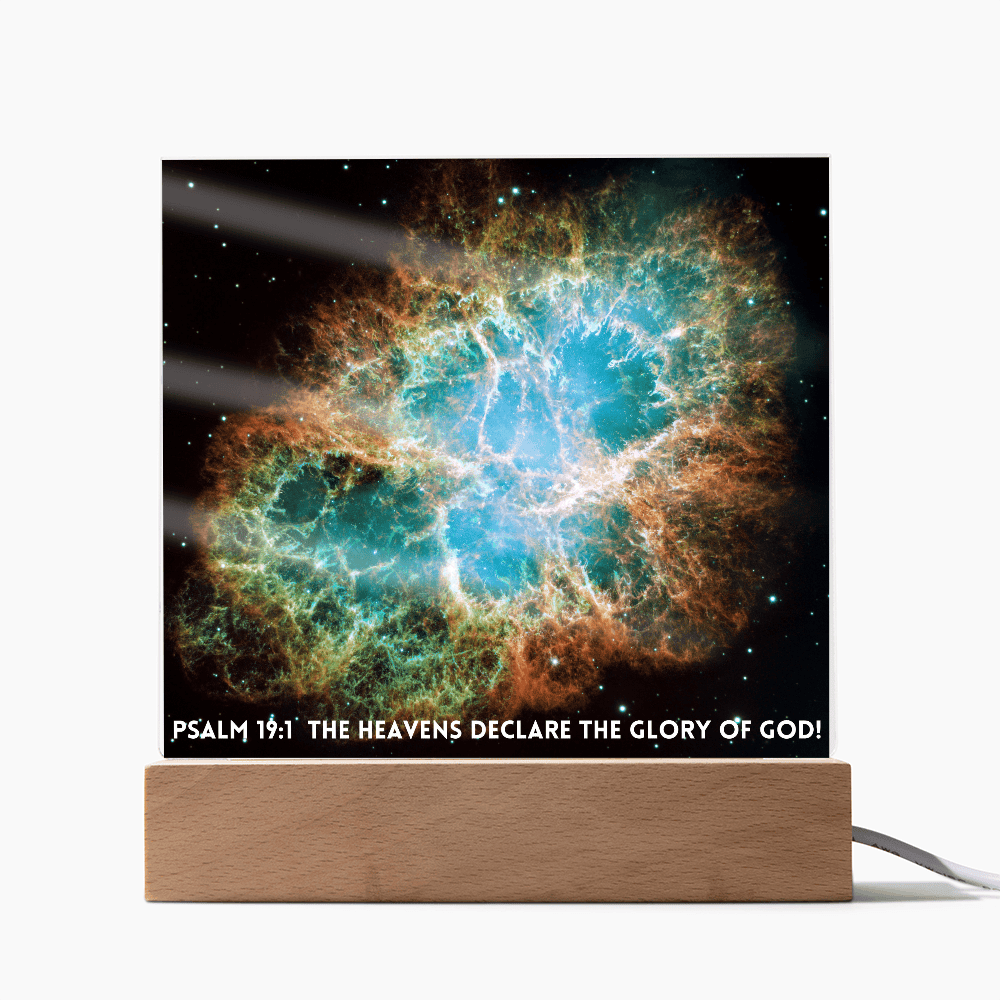 ShineOn Fulfillment Jewelry LED Corded Base Scripture Art, Led lit Acrylic Plaque, of the hubble space telescope image of the Crab Nebula.