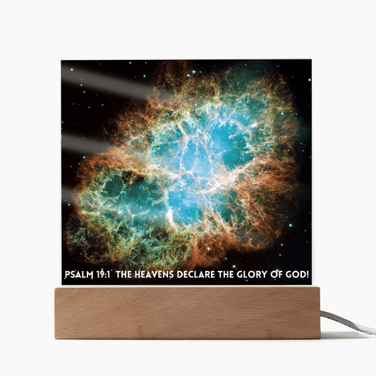 ShineOn Fulfillment Jewelry LED Corded Base Scripture Art, Led lit Acrylic Plaque, of the hubble space telescope image of the Crab Nebula.