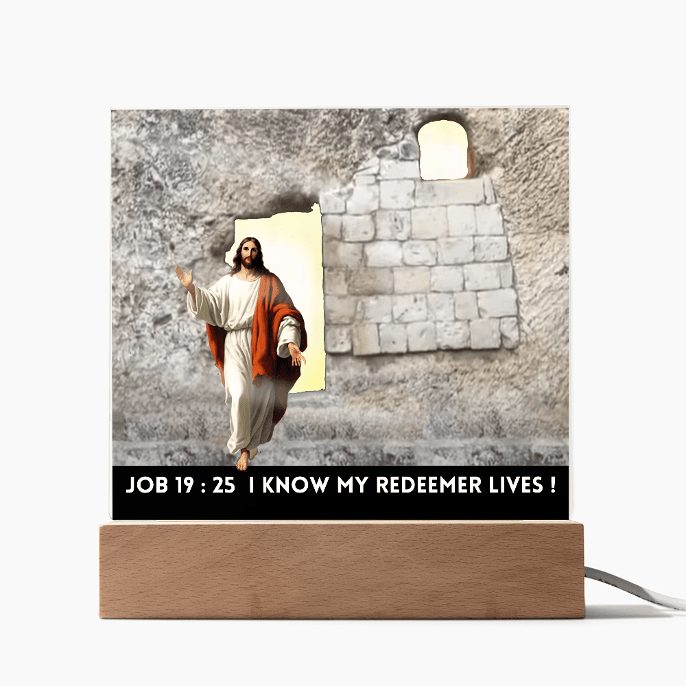 ShineOn Fulfillment Jewelry LED Corded Base Scripture Art, Led lit Acrylic Plaque, of the Risen Christ Leaving the Empty Tomb In Jerusalem.