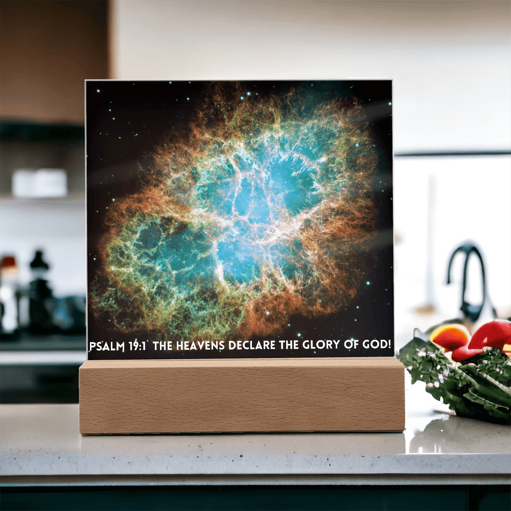 ShineOn Fulfillment Jewelry Scripture Art, Led lit Acrylic Plaque, of the hubble space telescope image of the Crab Nebula.